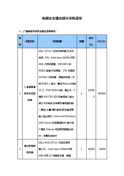 电视安全播出部分采购清单