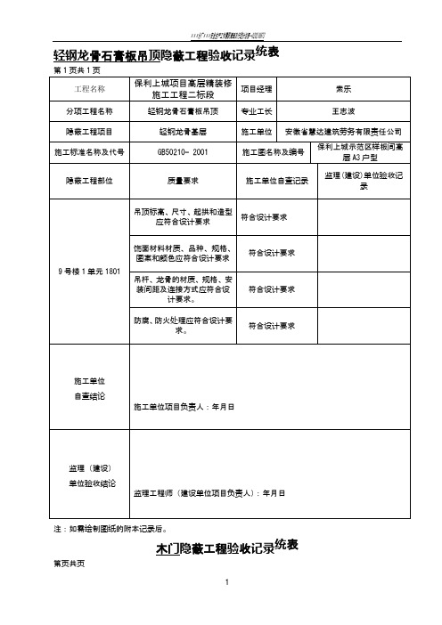 隐蔽工程验收记录统表(暗龙骨吊顶)