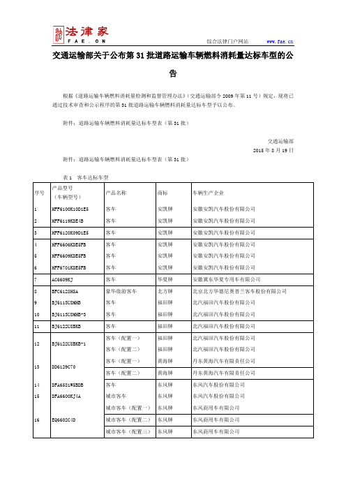 交通运输部关于公布第31批道路运输车辆燃料消耗量达标车型的公告-国家规范性文件
