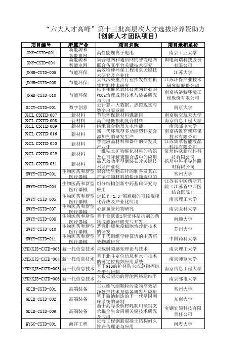 2016年江苏省第十三批“六大人才高峰”高层次人才选拔培养资助方案公示——创新人才团队项目