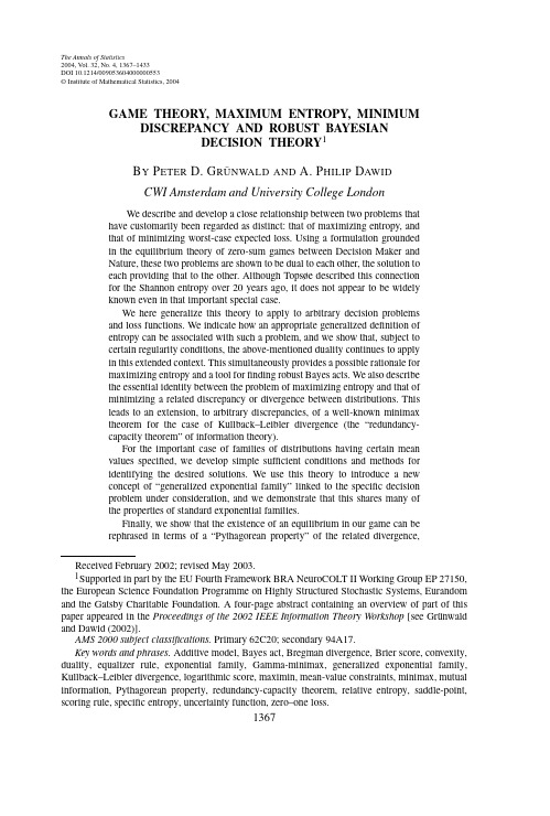 Game theory, maximum entropy, minimum discrepancy, and robust Bayesian decision theory