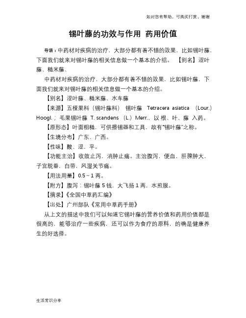 锡叶藤的功效与作用 药用价值
