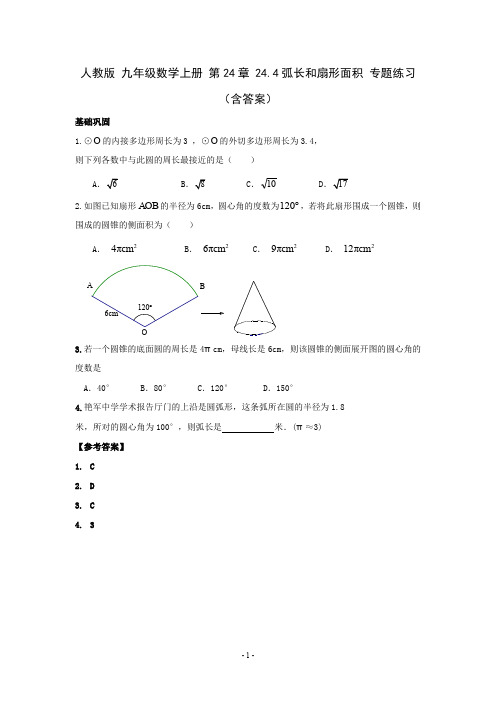 人教版 九年级数学上册 第24章 24.4弧长和扇形面积 专题练习(含答案)