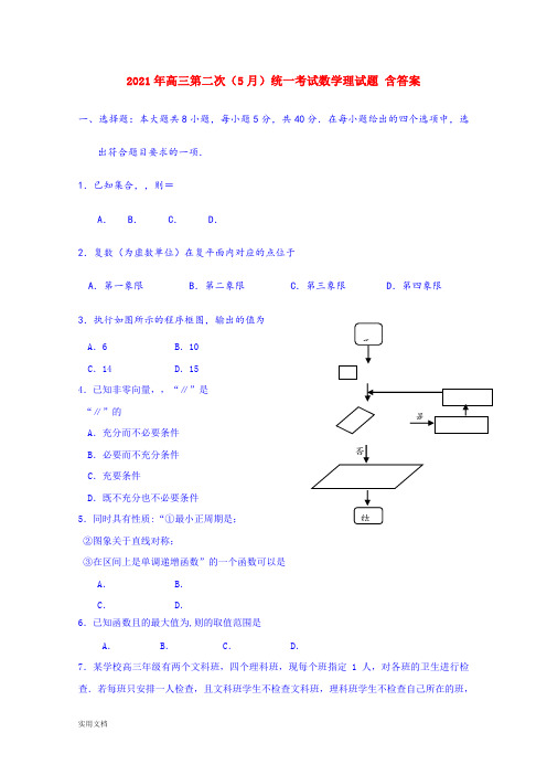 2021-2022年高三第二次(5月)统一考试数学理试题 含答案