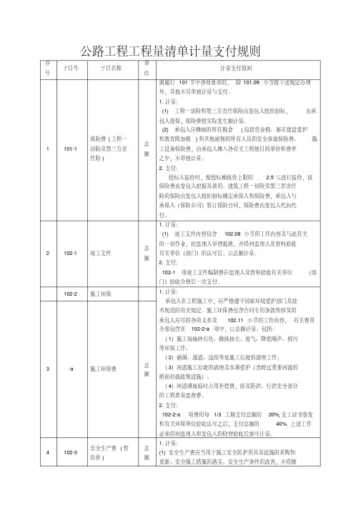 公路工程工程量清单计量支付规则