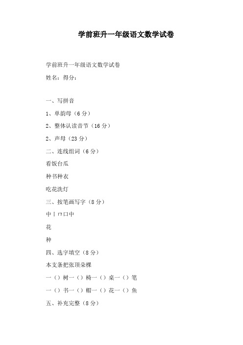 学前班升一年级语文数学试卷