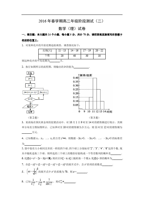 第一高级中学2015-2016学年高二下学期考试数学试题及答案第二次阶段测试(理)