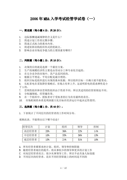 MBA入学考试管理学试题(一)