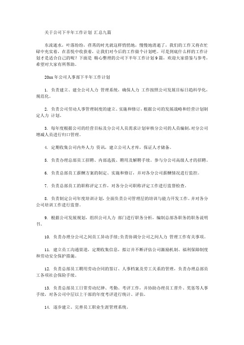 2020年关于公司下半年工作计划范文汇总九篇【精品】