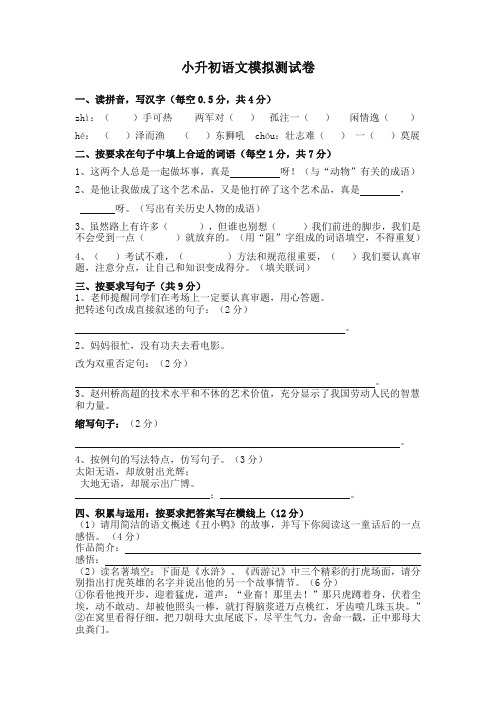 2020(精选)人教部编版小升初语文模拟试卷及答案