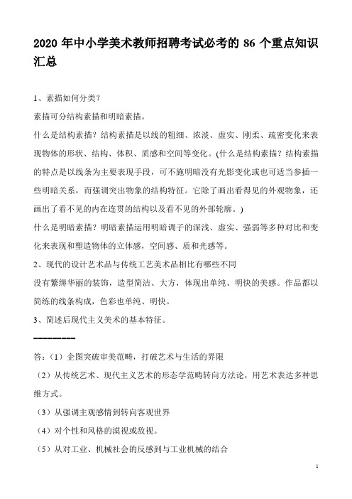 2020年中小学美术教师招聘考试必考的86个重点知识汇总