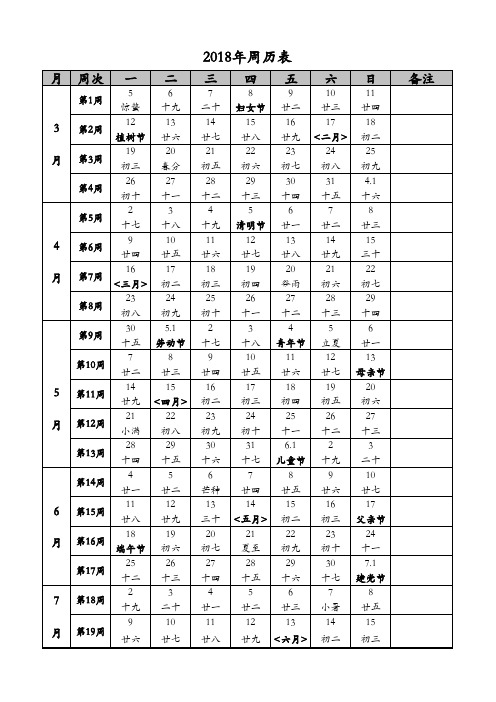 2018年教学周历表