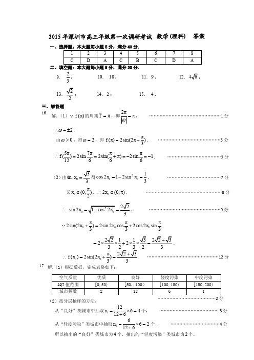2015 年深圳市高三年级第一次调研考试 数学理科答案-精简修改版