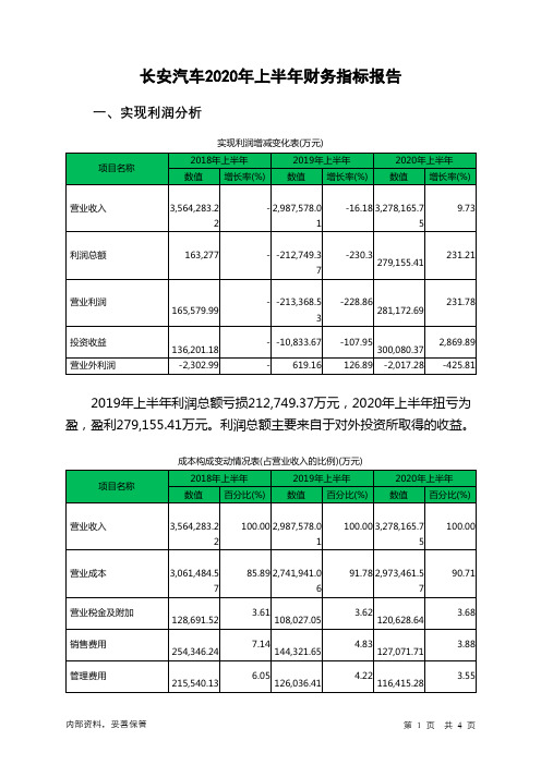 长安汽车2020年上半年财务指标报告