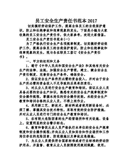 员工安全生产责任书范本2017