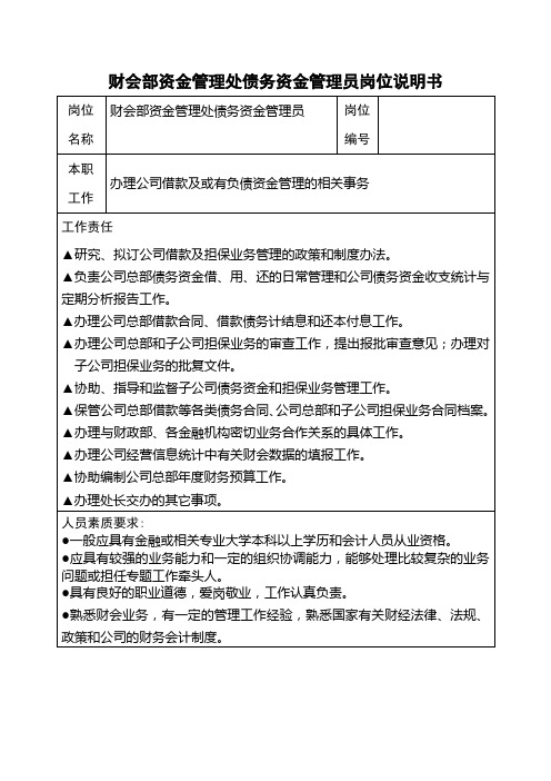 PZGLI007-品质管理-财会部资金管理处债务资金管理员岗位说明书