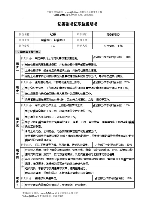 公司纪委副书记职位说明书