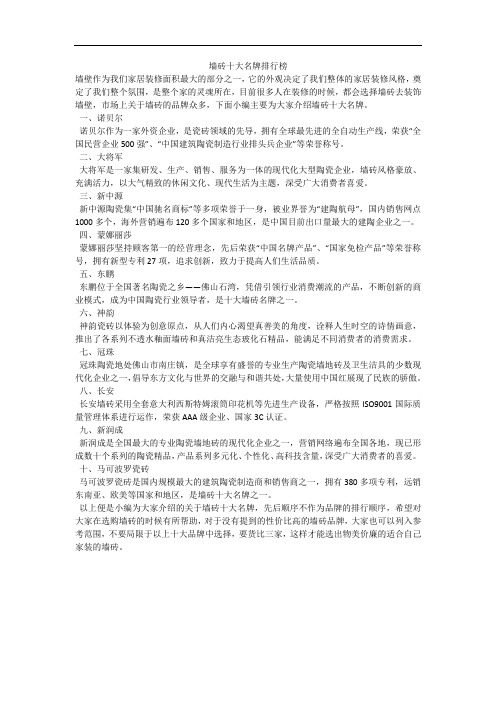 墙砖十大名牌排行榜