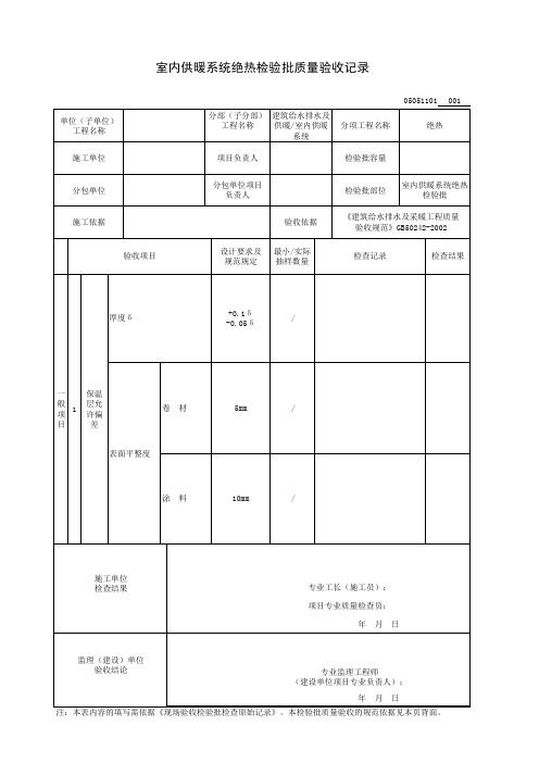 室内供暖系统绝热检验批质量验收记录