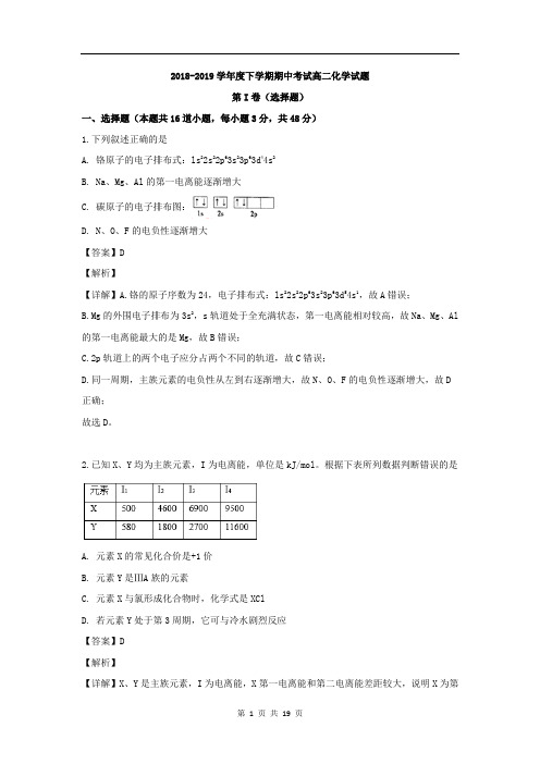 黑龙江省齐齐哈尔市第八中学2018-2019学年高二下学期期中考试化学试题含解析