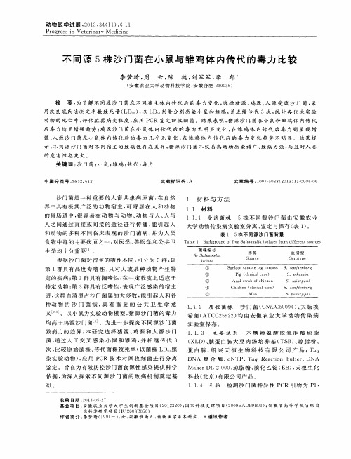 不同源5株沙门菌在小鼠与雏鸡体内传代的毒力比较