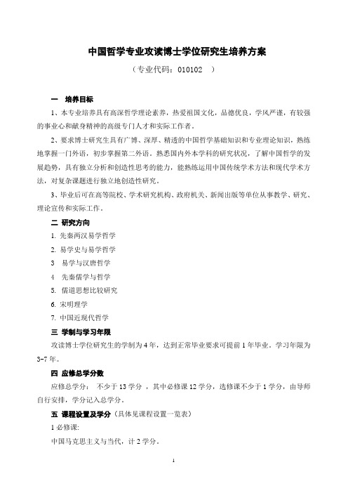 中国哲学专业攻读博士学位研究生培养方案