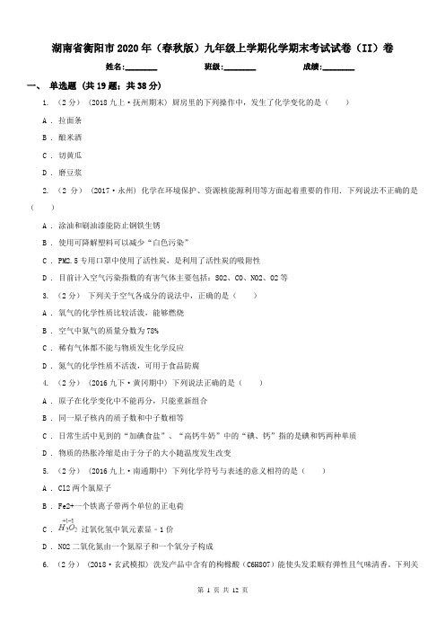 湖南省衡阳市2020年(春秋版)九年级上学期化学期末考试试卷(II)卷