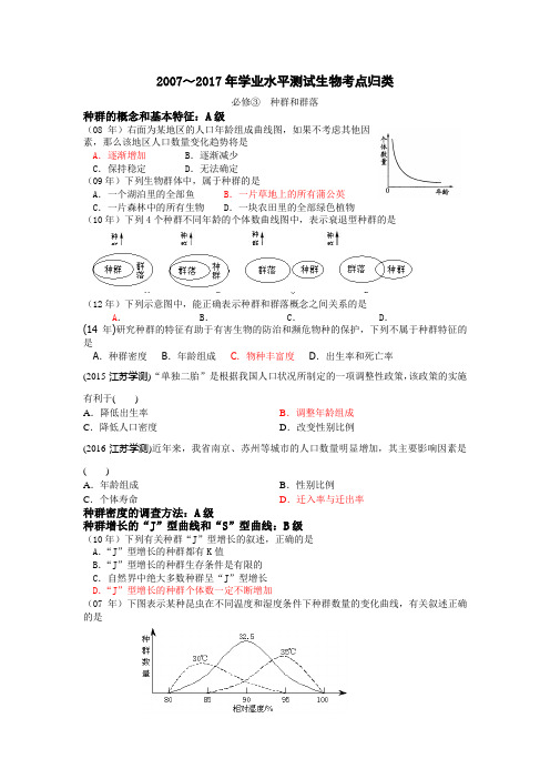2018年江苏学业水平测试高二生物复习资料：07-17年江苏学测真题分类汇编-种群和群落