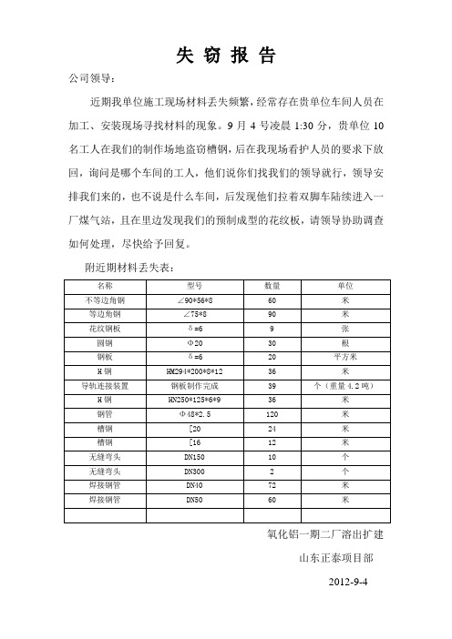 材料丢失报告