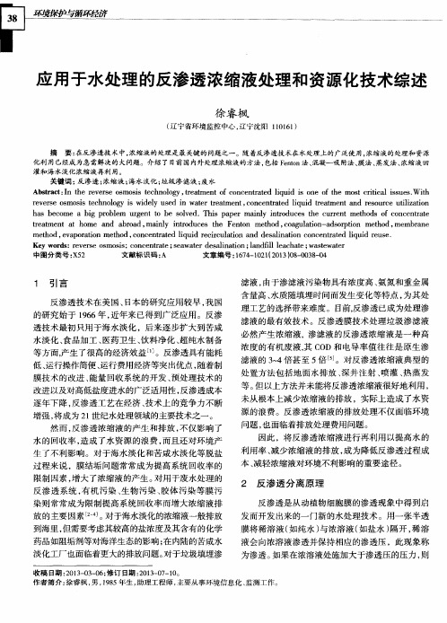 应用于水处理的反渗透浓缩液处理和资源化技术综述