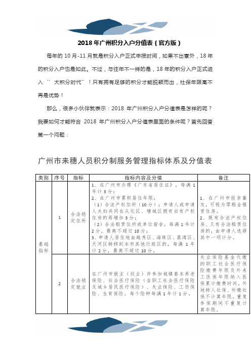 2018年广州积分入户分值表(官方版)