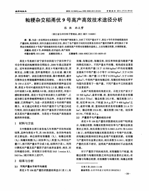 籼粳杂交稻甬优9号高产高效技术途径分析