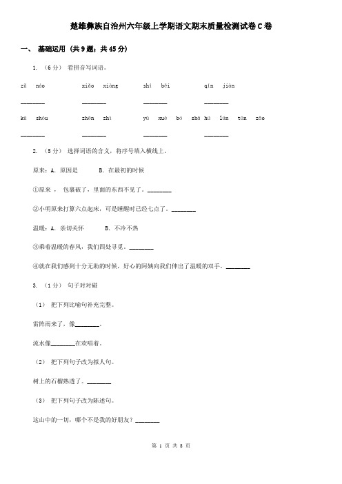楚雄彝族自治州六年级上学期语文期末质量检测试卷C卷
