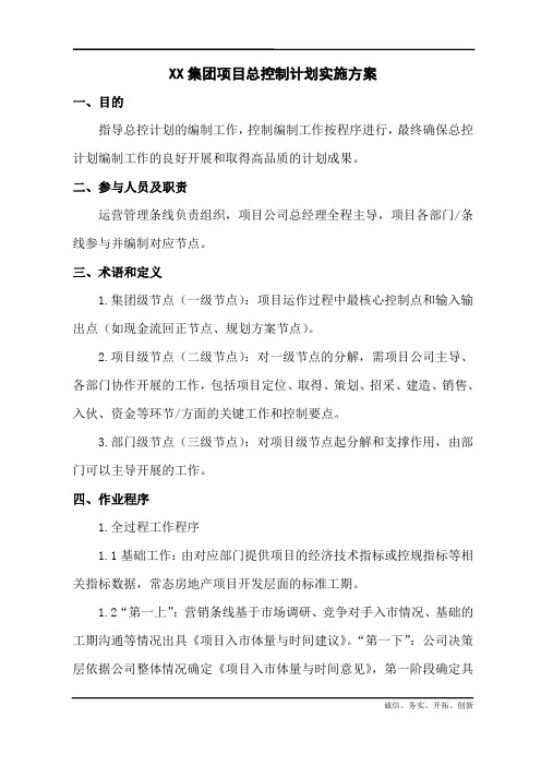 1XX集团总控计划实施方案