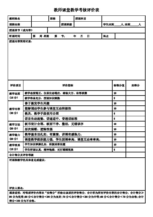 教师课堂教学考核评价表模板