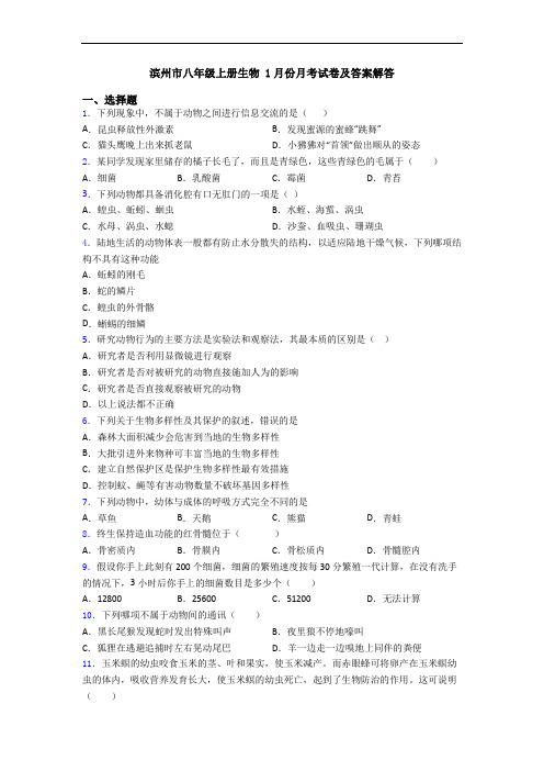 滨州市八年级上册生物 1月份月考试卷及答案解答
