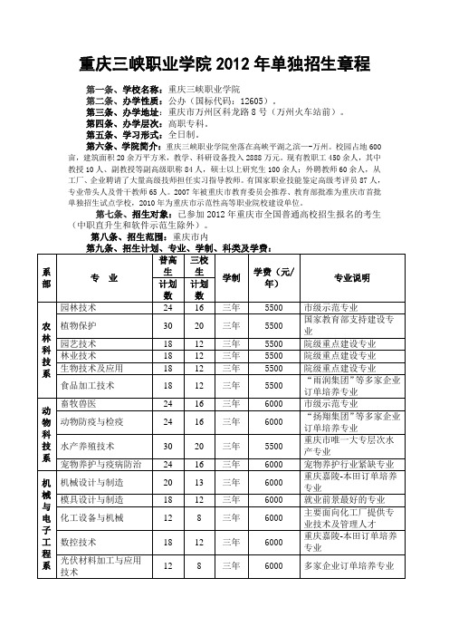 重庆三峡职业学院2012年单独招生章程