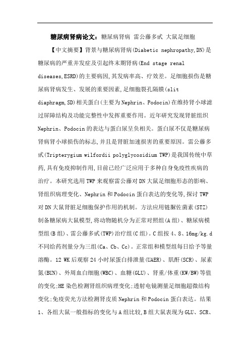 糖尿病肾病论文：糖尿病肾病雷公藤多甙大鼠足细胞