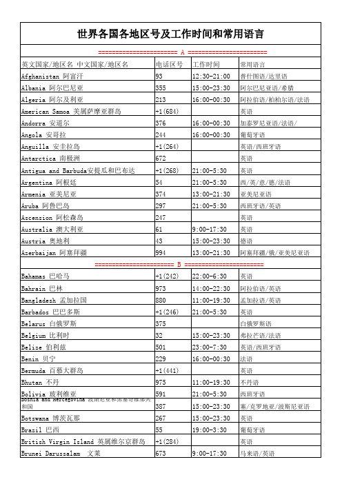 世界各国地区_电话区号_工作时间和常用语言