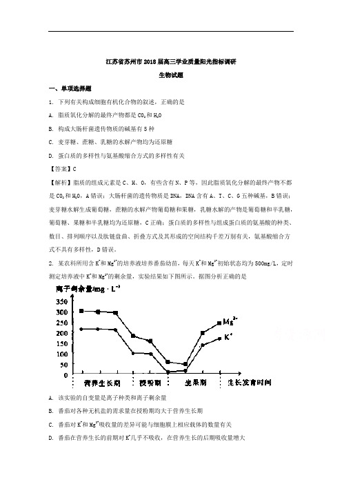 (解析版)江苏省苏州市2018届高三学业质量阳光指标调研生物试题