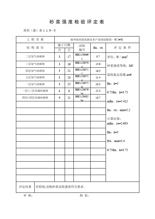 砂浆强度检验评定表