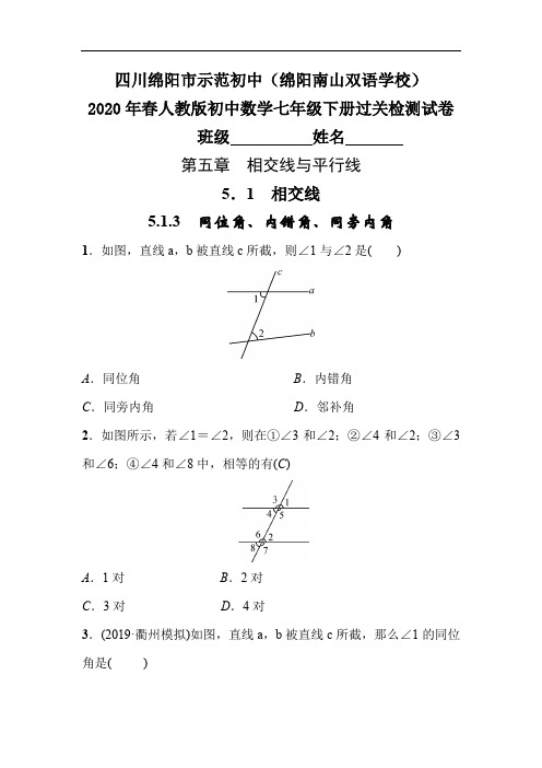 人教版初中数学七年级下册  5.1.3 同位角、内错角、同旁内角 过关检测试卷附答案