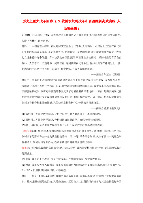 高考历史一轮复习 历史上重大改革回眸 2.3 俄国农奴制改革和明治维新高效演练 人民版选修1