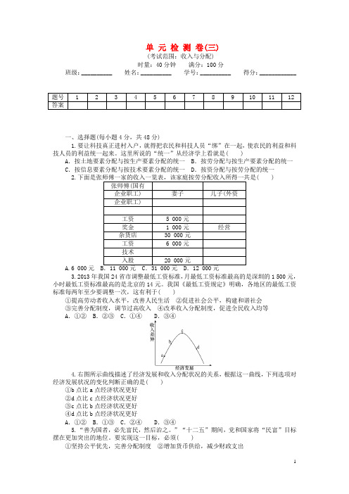 高考政治一轮总复习 第三单元 收入与分配单元综合测试 新人教版必修1(1)