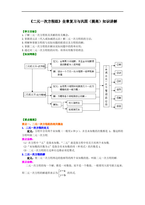 人教版初一数学下册：《二元一次方程组》全章复习与巩固(提高)知识讲解