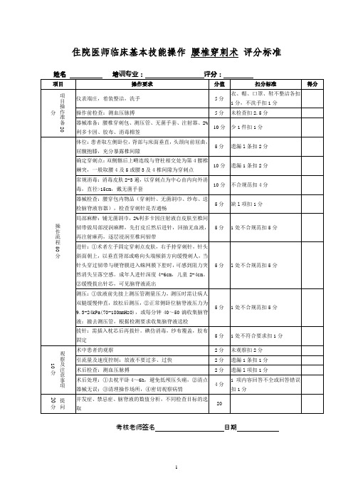 住院医师临床基本技能操作腰椎穿刺术评分标准