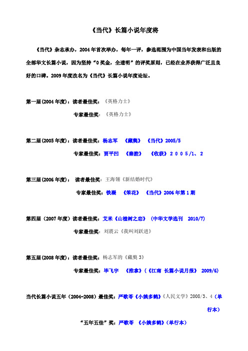 当代长篇小说年度奖目录(1-10)