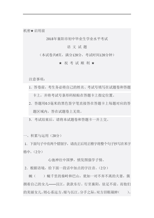 2018年湖北省襄阳中考语文试题