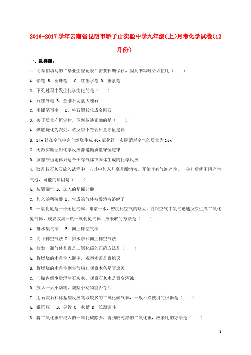 云南省昆明市九年级化学上学期12月月考试卷(含解析) 新人教版