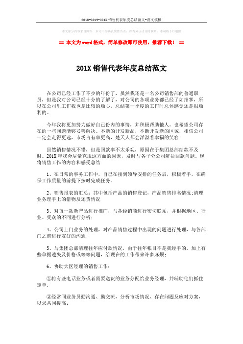 2018-2019-201X销售代表年度总结范文-范文模板 (3页)